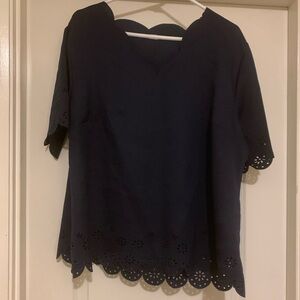 Navy blue short sleeved blouse with scalloped sleeves & bottom